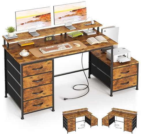 Flrrtenv 128cm Desk with Fabric File Cabinet, Computer Desk with Shelves and Drawer, Industrial Writing Table with Monitor Stand, Long Study Table Workstation for Home Office, Rustic Brown