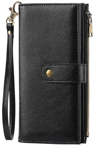 GOIACII Geldbörse Damen Groß im Langformat Leder Portemonnaie Damen mit RFID Schutz, Geldbeutel für Frauen mit 16 Kartenfächer und Handschlaufe Schwarz