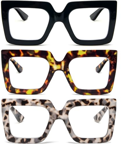 KoKoBin 3 confezioni di occhiali da lettura per donne con montatura lettori quadrati spessi ed eleganti che bloccano la luce blu occhiali (Nero/Marrone leopardo/Grigio leopardo, 2.5, Diottria)