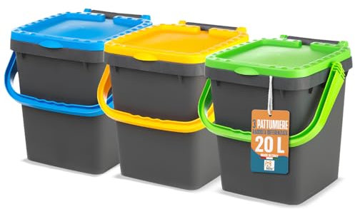 AKITAInk - Set di 3 Pattumiere da 20 Litri con Coperchio, Modello AKIPATHIPHOP, per Raccolta Differenziata, Impilabili, Robuste ed Ecologiche – Prodotto in Italia