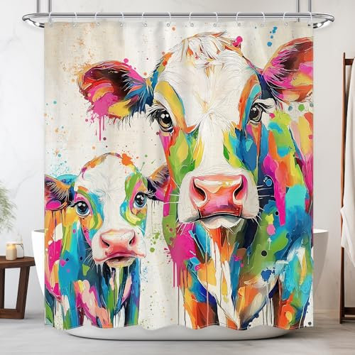Newsely Farmhosue Rideau de douche motif vache des Highlands 152,4 x 183 cm (L x l x L), fond blanc, peinture à l'huile, animaux occidentaux rustiques, ensemble de salle de bain coloré, imperméable