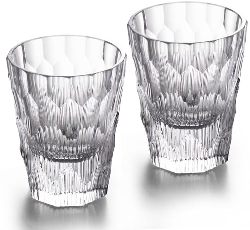 KAMMAK Crystal Whiskey Glasses Set of 2, 6.3oz. Old Fashioned Premium K9 Carving Tumbler, Intricate Cut Hand Blown White Glasses Stemless for Scotch, Bourbon & Cocktails