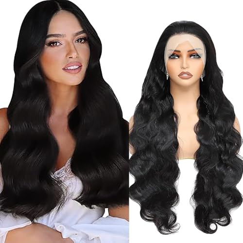 Salharer Echthaar Perücke für Damen Perücken Body Wave Human Hair Wig 13x6 Lace Front Wig Perücken Echthaar mit Babyhaar Any Part #1B Natural Black Color 32 Inch