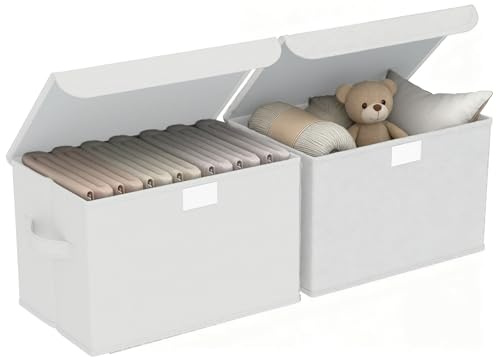 Aufbewahrungsbox mit Deckel, 2er Set Faltbare Aufbewahrungsboxen mit Griffen, 26cm(L)x21cm(B)x17cm(H), Vliesstoff, Aufbewahrung für Kleidung, Spielzeug, Bücher, Schrank, Schlafzimmer, Zuhause, Weiß