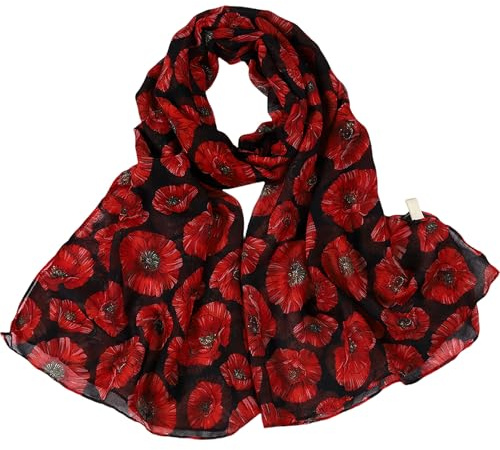 GWAWG Black Poppy Chiffon Scarf for Women, Lightweight Floral Wrap with Red Poppies, Elegant Remembrance Day Shawl, Soft Gift Scarf for Veterans, VE Day, Christmas Outfits