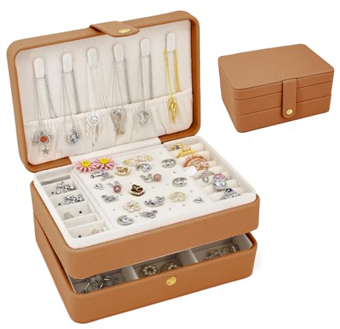 Schmuckkästchen, kleiner Reise-Schmuck-Organisator, tragbarer Schmuckkoffer für Frauen, Mädchen, Geschenk, doppelte Lagen PU-Leder-Schmuckhalter für Ringe, Ohrringe, Halsketten - braun
