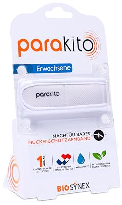 PARAKITO - Wiederverwendbares Mückenschutzarmband - 2 ätherische Ölplättchen - 1 Monat Schutz - Ohne DEET - Größe Erwachsene - Weiss
