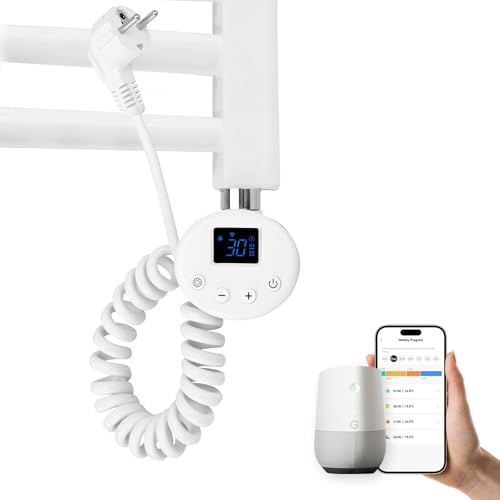 EMKE Heizstab für Badheizkörper 600W, Smart WiFi Heizstab mit APP Steuerung, Thermostat und Temperaturregler, Heizpatrone aus Edelstahl für Handtuchheizkörper Elektrisch Weiß