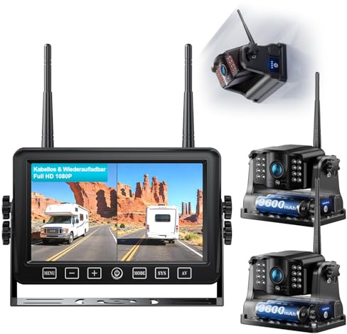 Fookoo HD Magnetische Drahtlose Rückfahrkamera, 1080P 7 Dual Split Monitor & Aufladbare Rückkameras, Niedrigverbrauch 1-Min. Montage Bohrlos mit Aufnahme für Wohnmobil Anhänger LKW Camper - DCX702