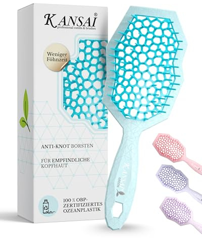Kansai Bio Brush I Türkis I Nachhaltige Haarbürste aus 100% ozeanisch recyceltem Kunststoff I Ergonomische Anti-Ziep-Bürste für empfindliche Kopfhaut I Entwirrungsbürste für Damen, Mädchen & Herren