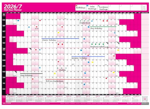 2025/26 Mid Year LAMINATED Academic Yearly Annual Office Home Wall Planner Calendar Chart With Pen And Stickers (Pink, A2+ 43cm x 62cm (Rolled))