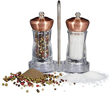 Relaxdays 10020595 Poivrier Poivre salière Moulin à épices HxD: 14 x 5 cm Manuel 2 en 1, cuivre, Acrylique, Transparent, 14 x 5 x 5 cm