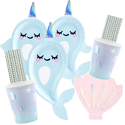 spielum 56-teiliges Party-Set - Narwal - Einhorn der Meere - Teller Becher Servietten Trinkhalme für 12 Kinder