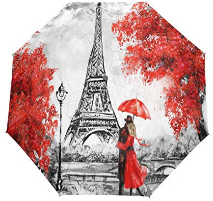 Bigjoke Regenschirm, 3-Fach faltbar, automatisch, mit Öl-Gemälde, Paris, Eiffelturm, Winddicht, leicht, kompakt für Jungen, Mädchen, Männer, Frauen
