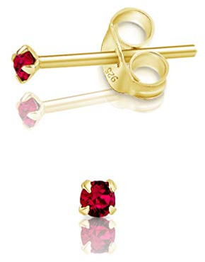 Pendientes de Botón Plata Ley 925 Chapados Oro 24K on Cristales Brillantes Rojo Rubí 2 mm - Pendientes Dorados para Mujer - Punto de Luz Hipoalergénicos