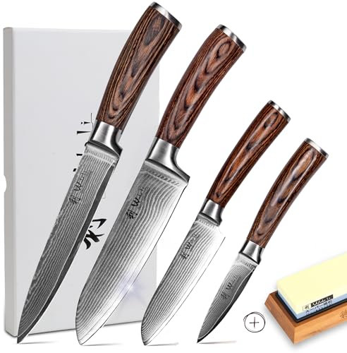 Wakoli EDIB 4er Damastmesser Set mit Schleifstein – Küchenmesser Set aus 67 Lagen Damaststahl mit VG10-Kern & ergonomischem Pakkaholzgriff – inkl. Wetzstein – Profi Kochmesser Set scharf