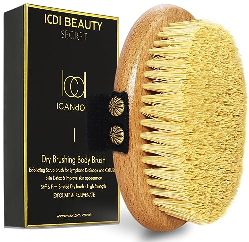 ICANdOIT - Cepillo corporal de cepillado en seco, cerdas de sisal, cepillo de masaje exfoliante para celulitis y linfático, mejora la circulación, detiene los pelos encarnados, reduce el acné, suaviza