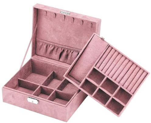 INTIRILIFE Schmuckschatulle mit 2 Ebenen ROSA -23 x 13.5 x 9.5 cm- Abschließbare Schmuck Box Koffer Organizer zum Aufbewahren von Ringen Ketten Uhren Ohrringen und Armbändern- Reise Schmuckkästchen