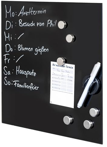bremermann Tableau magnétique, avec façade en verre, inscriptible, 6 aimants, 1 marqueur, 1 porte-marqueur, tableau mémo (noir)