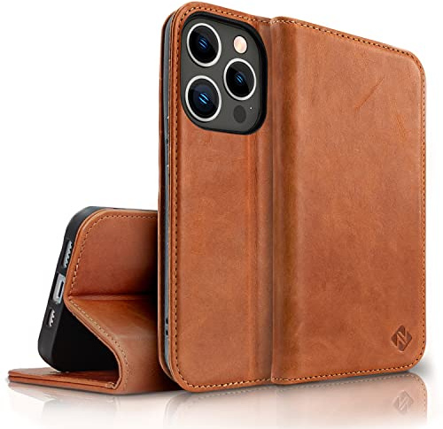 NALIA Echtlederhülle für iPhone 14 Pro - RFID Wallet & Magnet-Verschluss - LEVANTO (Handgefertigte Klapphülle) - Marke aus Berlin, Farbe:Braun
