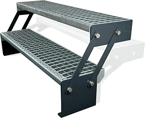 Kaminbau Mierzwa Premium Stahl Treppe Verstellbar Verzinkt & Anthrazit Pulverbeschichtet 2 Stufen (Breite 60 cm) (Höhe 30-43 cm) Wetterfest Gitterroststufe Gartentreppe