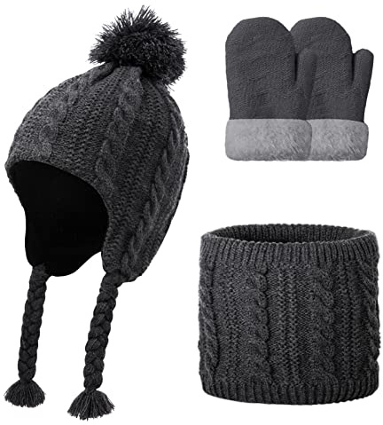 SEAUR Kinder Mütze Schal Handschuhe Set Jungen Mädchen Strickmütze mit Ohren Herbst Winter 1-6 Jahre