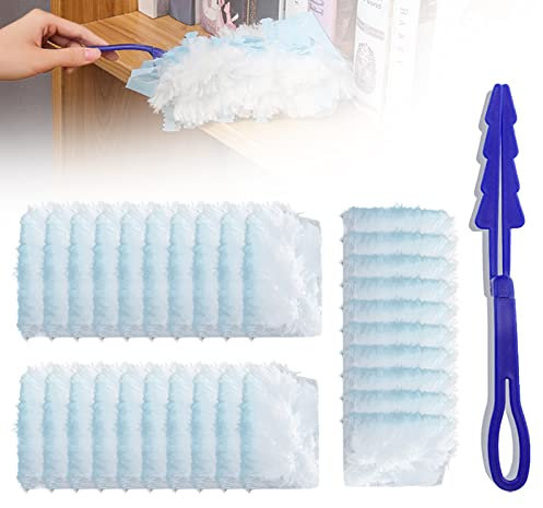 W&H 30PCS Blue Fluffy Dusters Refills Compatible for FLASH/PLEDGE/SWIFFER Dusters, Disposable Electrostatic Duster for Cleaning, Manual Dust Refill Pack with 1 Handle