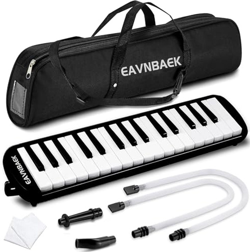 Eavnbaek 32 Keys Melodica Instrument, Soprano Melodica Air Piano Keyboard Pianica with 2 Soft Long Tubes, 2 Short Mouthpieces and Carrying Bag (Black)
