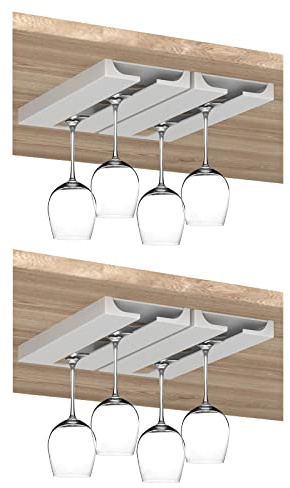 JYCRA 4 PCS Under Cabinet Punch-free Plastic Wine Glass Holder,No Drilling Stemware Rack Glasses Storage Hanger for Bar Kitchen,White