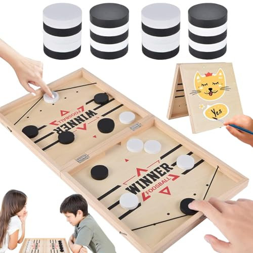 Faltbar Hockey Brettspiel, 2 in 1 Tischhockey Katapult Brettspiel Holz, Fast Sling Puck Game, Portable Schachbrett, Brettspiele für Zwei Spieler with 16 Farben Wasserfarben Set, 6 Stücke Malschablonen