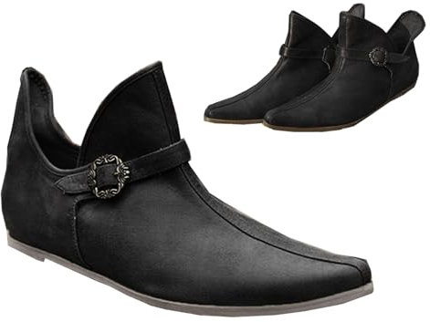 Mittelalterliche Stiefel Männer Frauen Kurze Stiefel PU Leder Flache Schuhe mit Verstellbaren Gürtelschnalle Retro Leder Stiefeletten für Männer Frauen,Schwarz,38