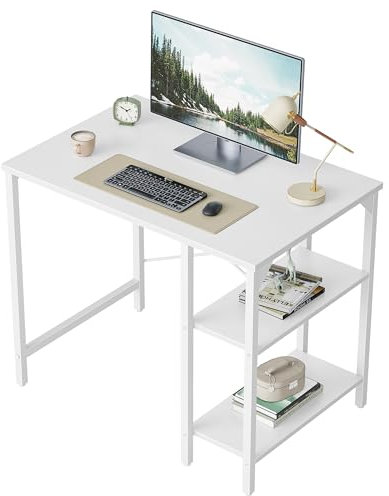 CubiCubi Schreibtisch, Computertisch mit 2 Ablagen auf der rechten oder linken Seite, 90 x 48 cm PC Tisch, Bürotisch fürs Büro Wohnzimmer, Stabil Stahlgestell Industrie-Design, Weiß