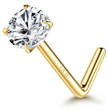 YADOCA 14K Echte Gold Nasenpiercing, L-förmige Nasenstecker 20G Massivgold, Diamant CZ Hypoallergen Nasenstecker für Damen Herren 1,5mm 2mm 3mm