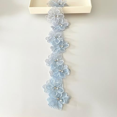 BuySK Nastro in Pizzo Con Fiori 3D e Perline Ricamate, Applicazioni Floreali, Fatto a Mano, per Fai Da Te, Cucito, Artigianato, Decorazione Costumi e Cappelli (Blu)