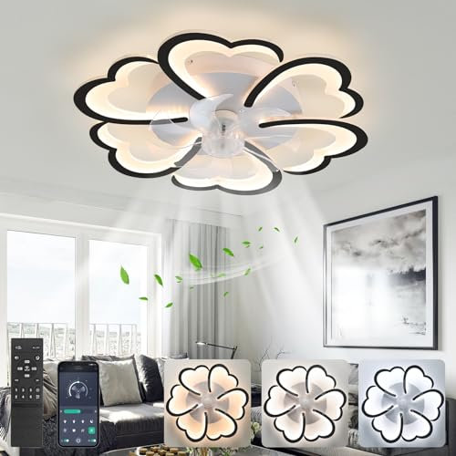 DJChen Plafonnier Ventilateur De Plafond Silencieux, Fleur Luminaire Ventilateur Plafonnier Design, Dimmable, Reversible DC Motor, 6 Vitesses, Lampe Avec Ventilateur Pour Chambre Salon Bureau Noir