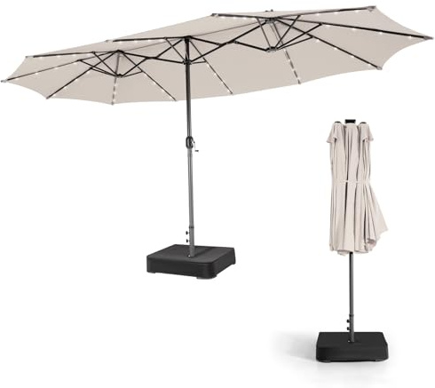 KOMFOTTEU Sombrilla Doble 450 x 260 cm con 48 Luces LED, Sombrilla Rectangular de Jardín con Manivela y Base, Parasol de Exterior con Panel Solar de Carga Automática y UPF 50+ para Patio (Beige)