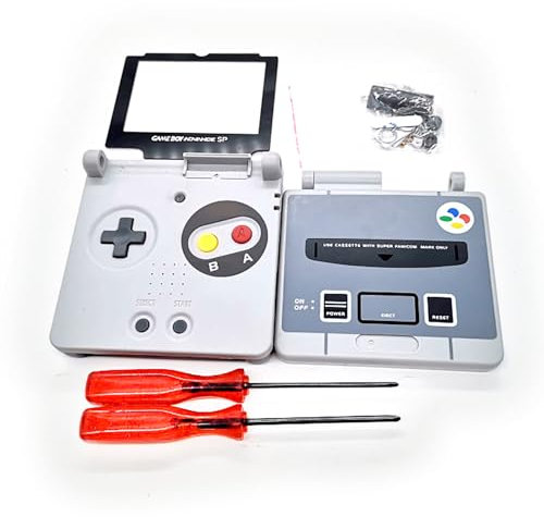 GBASP - Custodia extra per console Gameboy Advance GBA SP, set completo classico SFC retrò, colore grigio, custodia esterna + cover protettiva per schermo, viti, pulsanti, adesivo, strumenti