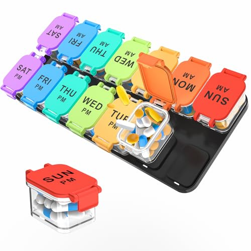 Tablettenbox 7 Tage Morgens Abends, Extra Große Tablettenbox 14 Tage 2 Fächer mit Abnehmbar Großen 14 Fächern, für Vitamine, Nahrungsergmcänzungsmittel, XL Organizer Tablettenbox 14 Tage Pillenhalter