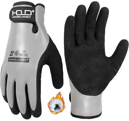 HANDLANDY Isolierte, wasserdichte Winter-Arbeitshandschuhe mit Griff für Männer und Frauen, zum Angeln, für den Gefrierschrank, für Gartenarbeiten und für Arbeiten im Freien (Grau, Größe XL)