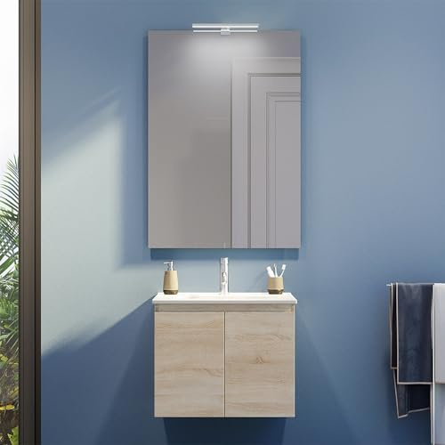 Mobile Da Bagno Sospeso Mod. Yili Con Lavabo In Ceramica Profondità 46cm Specchio Filolucido Incluso (60cm Due Ante, Rovere chiaro)