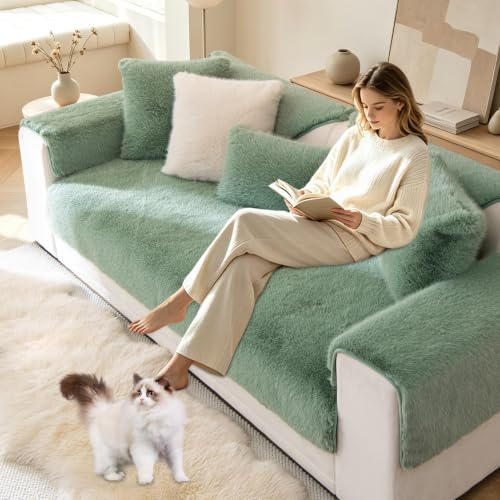 BXFUL Nerzplüsch Sofabezug, rutschfeste Sofa überzug 1 2 3 4 Sitzer Couch überzug für Sektionssofa, Flauschiger Kunstpelz Sofa Sitzkissenbezug L Form Möbelschutz (90 * 120cm/1PC,Grün)