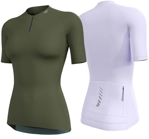 Wulibike Radtrikot Damen Halbe ReißVerschluss Fahrradshirt Mountainbike Fahrradtrikot Atmungsaktiv Rennrad Trikot Kurze äRmel Frauen Fahrrad Shirt 4 Tasche Radfahren Tops Upf50+ Olivengrün-Lila M