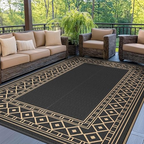GENIMO Tapis Extérieur Imperméable, Tapis de Camping Lavable pour Jardin, Terrasse, Balcon, Tapis Réversible Résistant aux UV pour Pique-Nique,180x275cm, Noir Brun