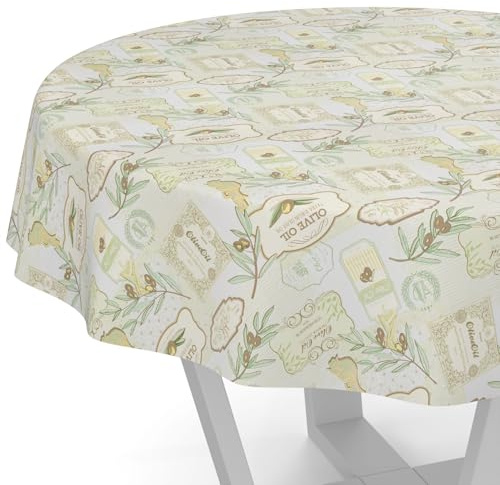 ANRO Nappe en toile cirée lavable, pour table de jardin, de forme ronde, ovale ou rectangulaire, ronde, bord coupé, motif olives, vert clair, 140 cm