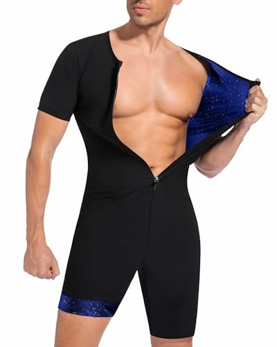 FUXERT Sauna Suit for Men 3 in 1 Slimming Full Body Sauna Jumpsuit Mens Waist Trainer for Workout, Black, L