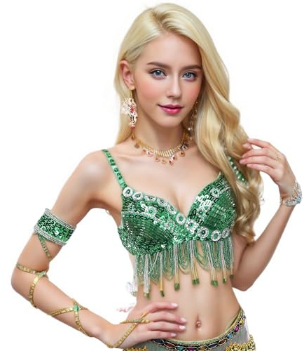 Baisdan Women's Belly Dance Crop Top Sequin Beaded Tassels Underwired Bra for Festival Party Costume Green
