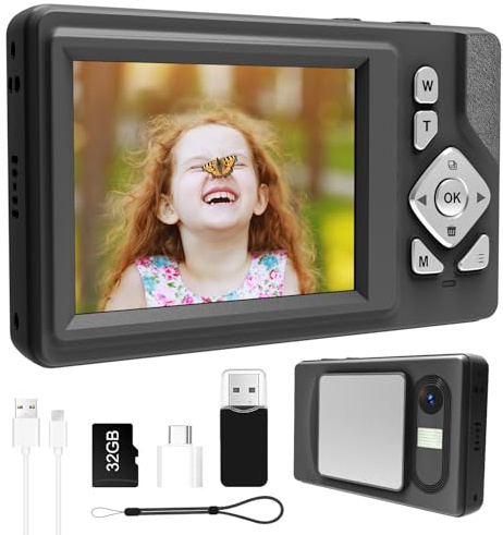 Fotocamera digitale per bambini, ragazzi e principianti, 1080P FHD 48MP, LCD da 2,8, zoom digitale 18X e anti-vibrazione, scheda SD da 32 GB inclusa, fotocamera compatta portatile per viaggi