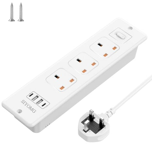 SIYOMG Recessed Power Socket with USB C, Flush-Mount Desk Power Outlet with 2 USB-A and 2 USB-C Ports, 1.8M Desk-Friendly Power Extension Lead with 3 AC Sockets, for Tables & Desks