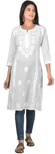 Vrnda Women's White Chikankari Cotton Kurti XL Lucknowi Ethnic Tunic Top | Hand Embroidered Straight Fit Pakistani Style Kurta for Casual Office Travel Festival Summer Daily Modest Cotton Wear