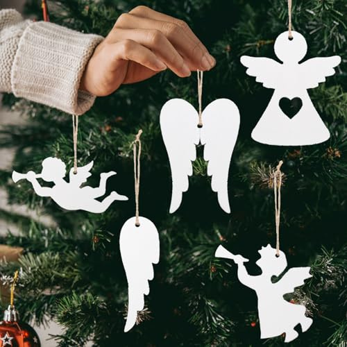 YIEUR 40 Stück Weihnachtsanhänger Holz Engel, 8cm Holzscheiben Anhänger Weihnachten mit Bindeschnur, Schutzengel Weihnachts Deko Weihnachtsbaum für Tannenbaum Fensterschmuck (weiß Wing)
